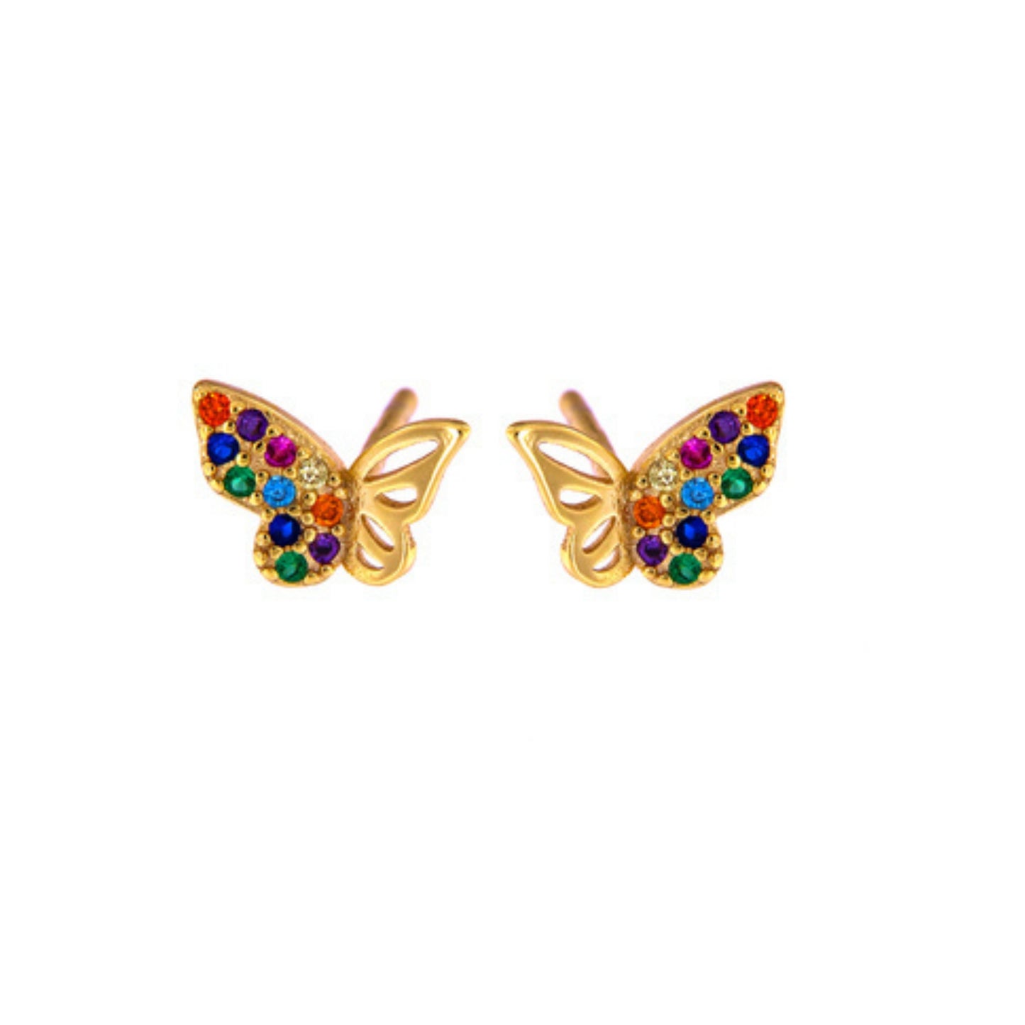 Butterfly pressure earrings in silver and gold-plated silver, decorated with small colored zircons