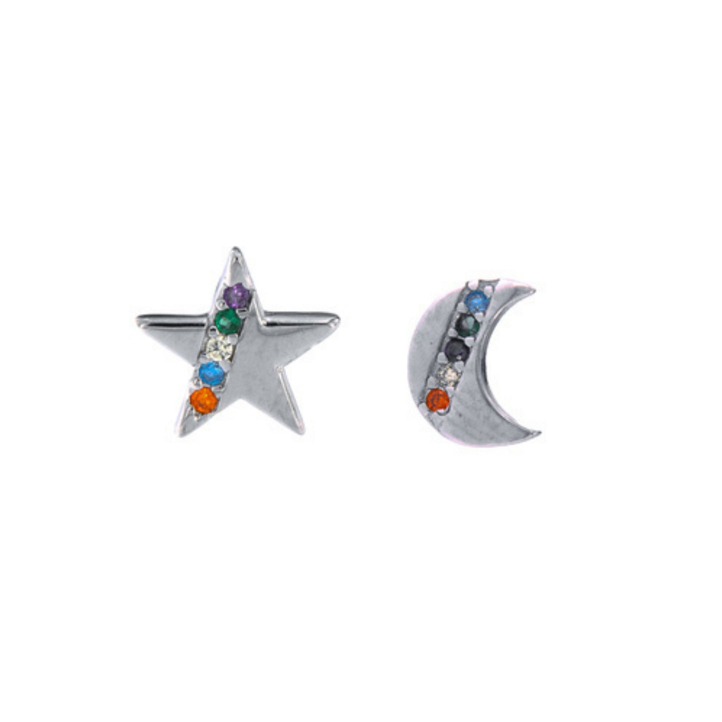 Star and moon pressure earrings in silver and gold-plated silver, decorated with small colored zirconia