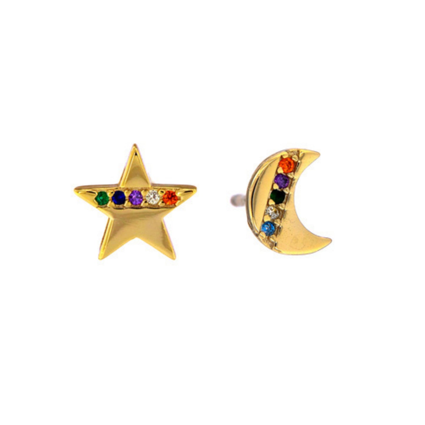 Star and moon pressure earrings in silver and gold-plated silver, decorated with small colored zirconia