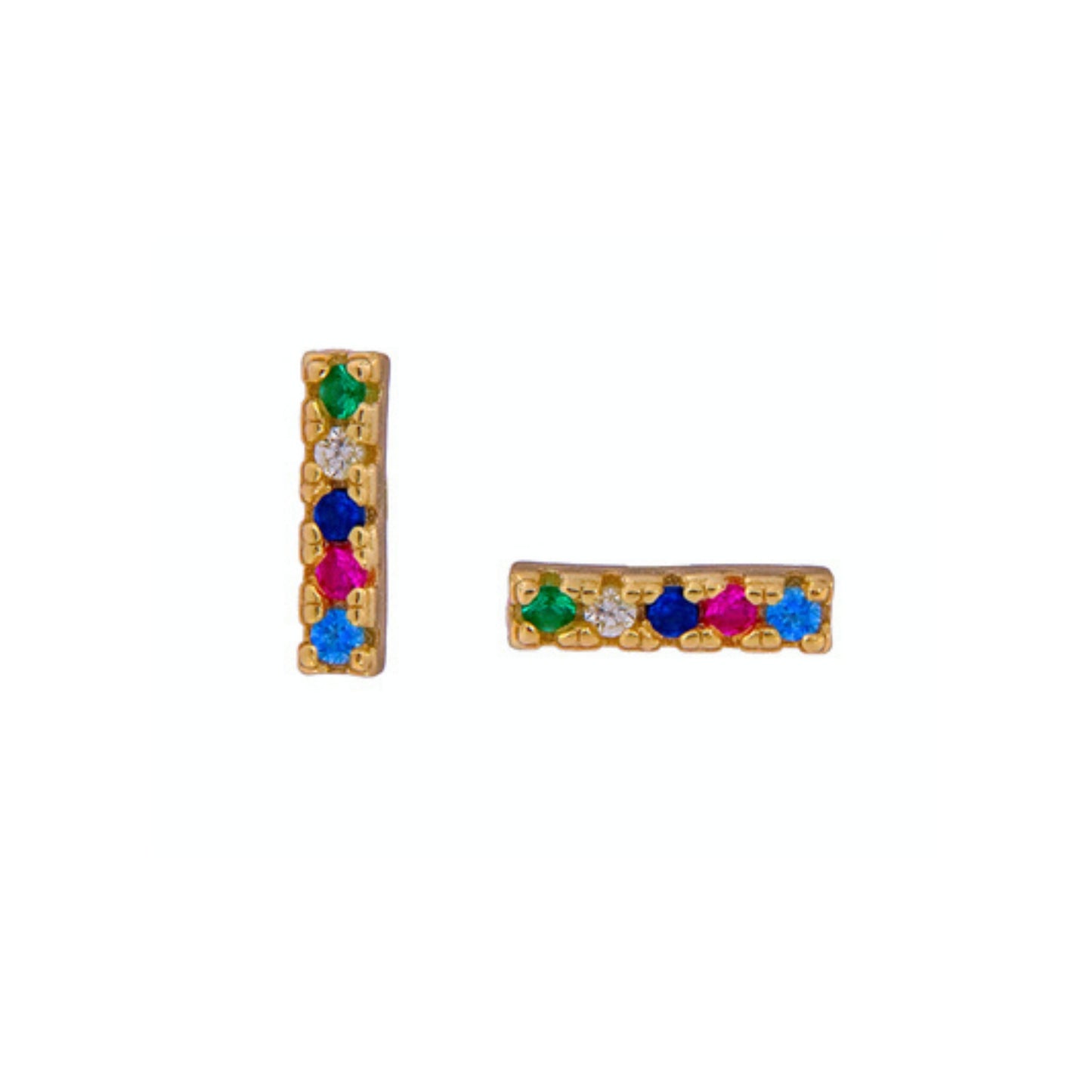 Press-on earrings made of silver and gold-plated silver, decorated with small colored zircons