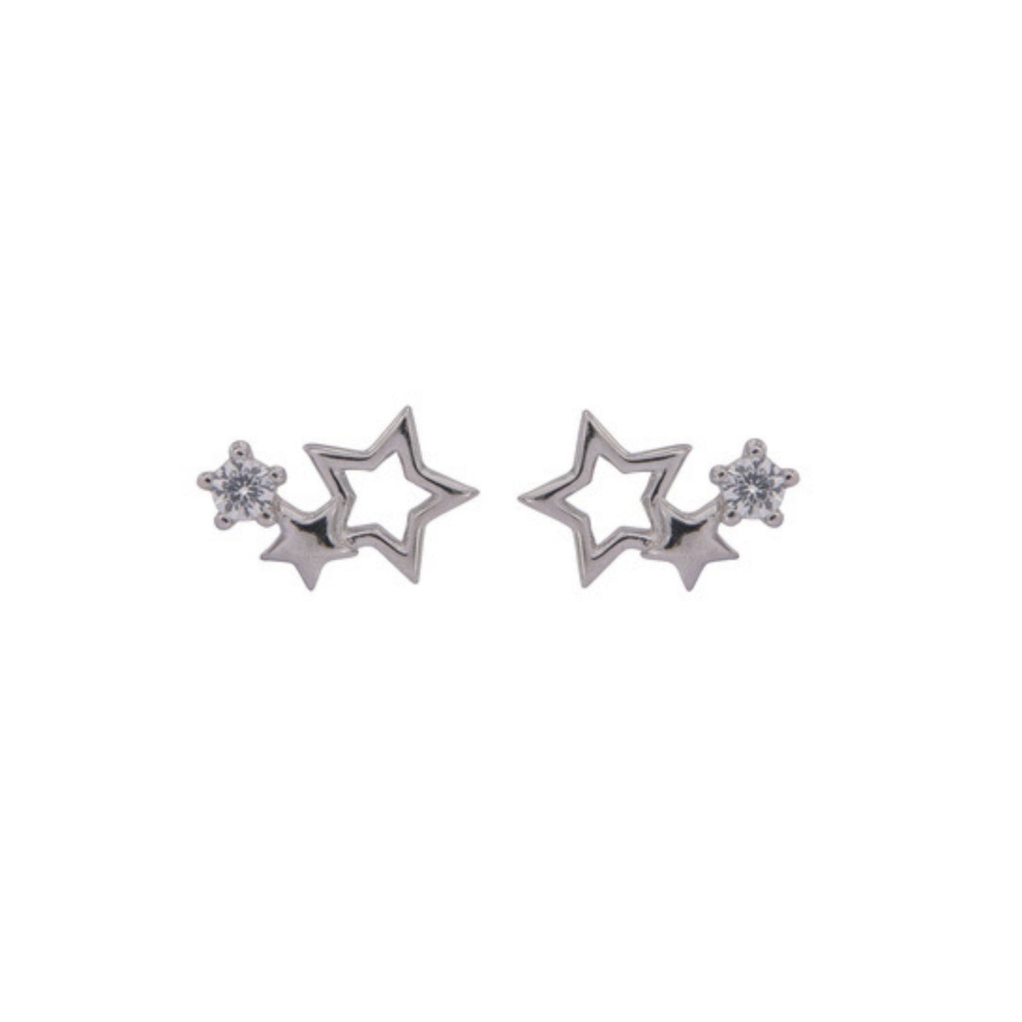 Star and star earrings in silver, decorated with white zircons