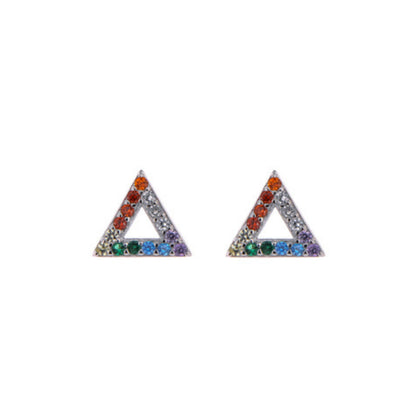 Triangle pressure earrings in silver and gold plated silver, decorated with small colored zircons