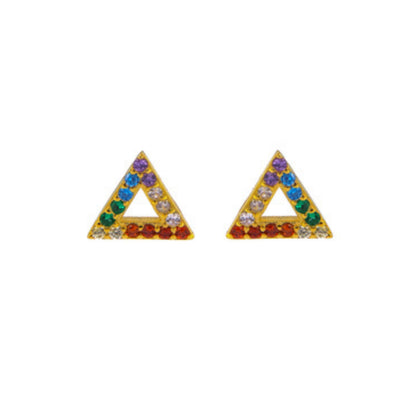 Triangle pressure earrings in silver and gold plated silver, decorated with small colored zircons