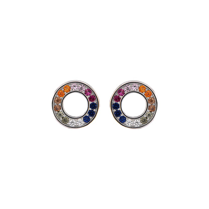 Circle Pressure Earrings in silver and gold plated silver, decorated with small colored zircons