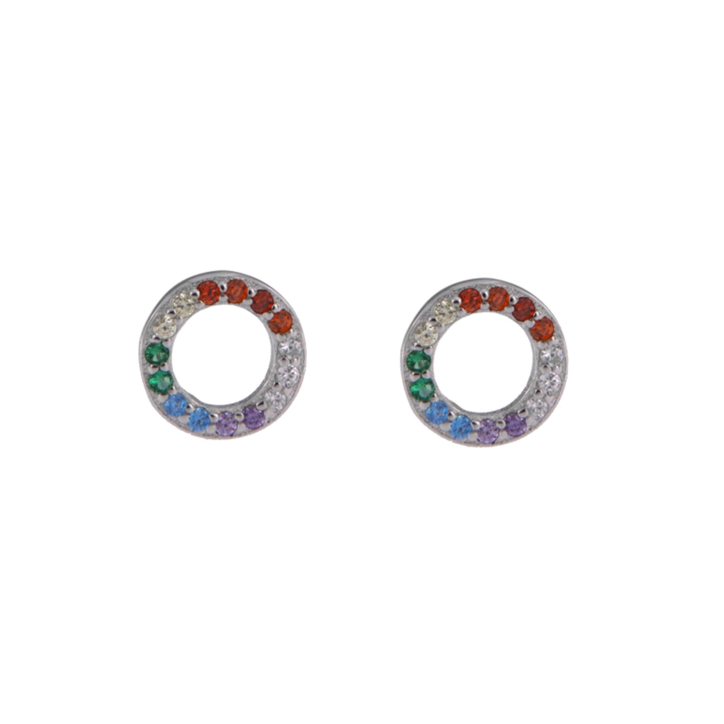 Circle Pressure Earrings in silver and gold plated silver, decorated with small colored zircons