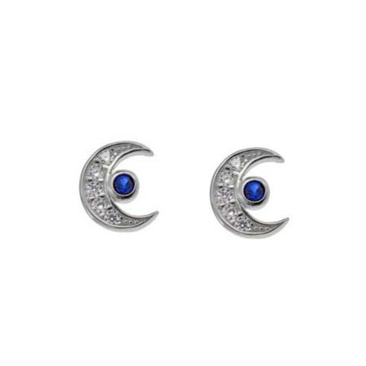 Moon pressure earrings in silver and gold plated silver, decorated with small white and blue zircons