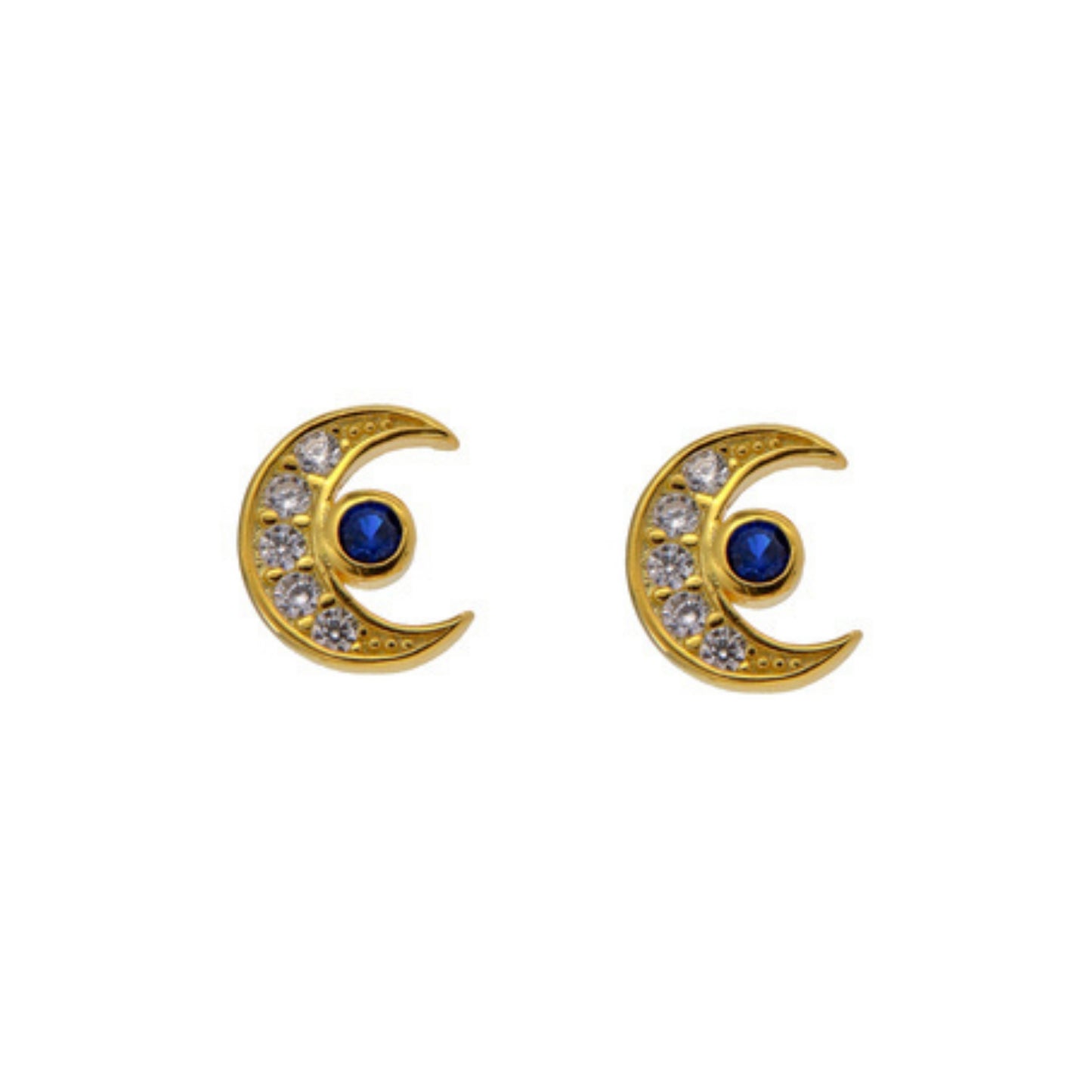 Moon pressure earrings in silver and gold plated silver, decorated with small white and blue zircons