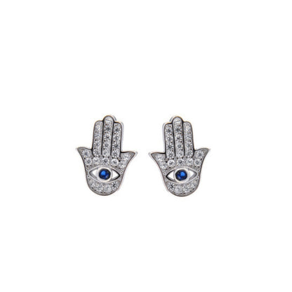 Buddha Hands Stud Earrings in silver and gold plated silver, adorned with small white zircons