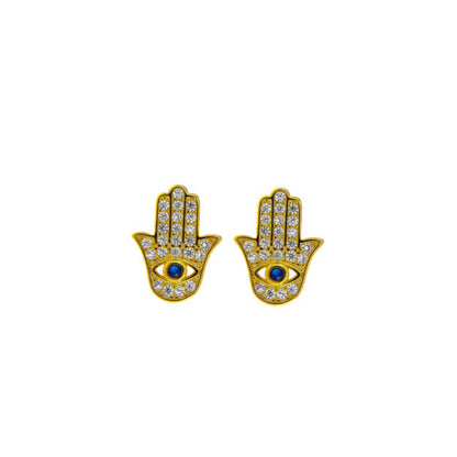 Buddha Hands Stud Earrings in silver and gold plated silver, adorned with small white zircons