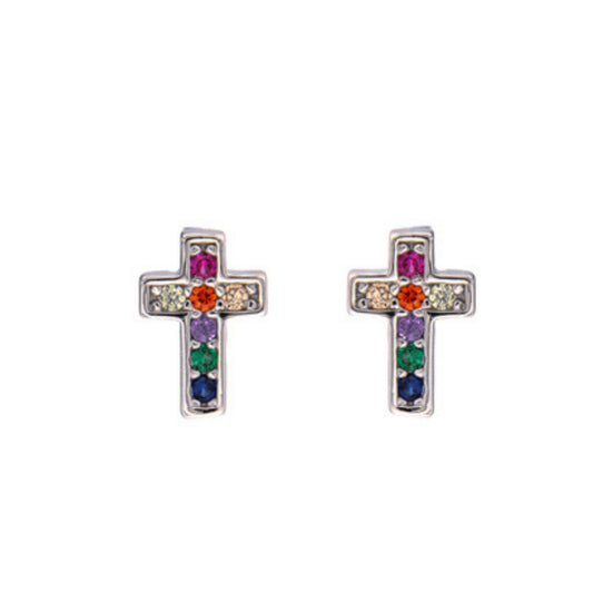 Cross Pressure Earrings in silver and gold plated silver, decorated with small colored zircons