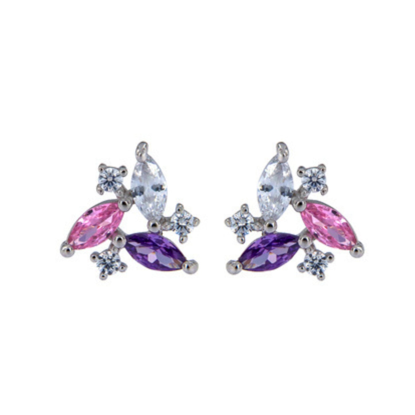 Pressure earrings in silver and gold plated silver, decorated with pink and lilac zircons