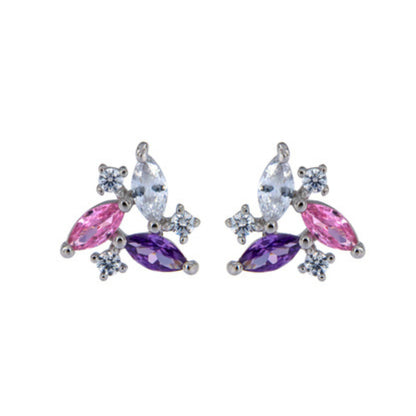 Pressure earrings in silver and gold plated silver, decorated with pink and lilac zircons