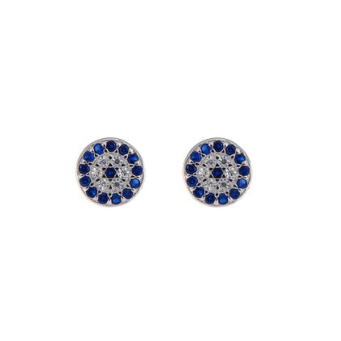 Circle pressure earrings in silver and gold plated silver, decorated with small white and blue zircons