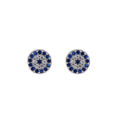 Circle pressure earrings in silver and gold plated silver, decorated with small white and blue zircons