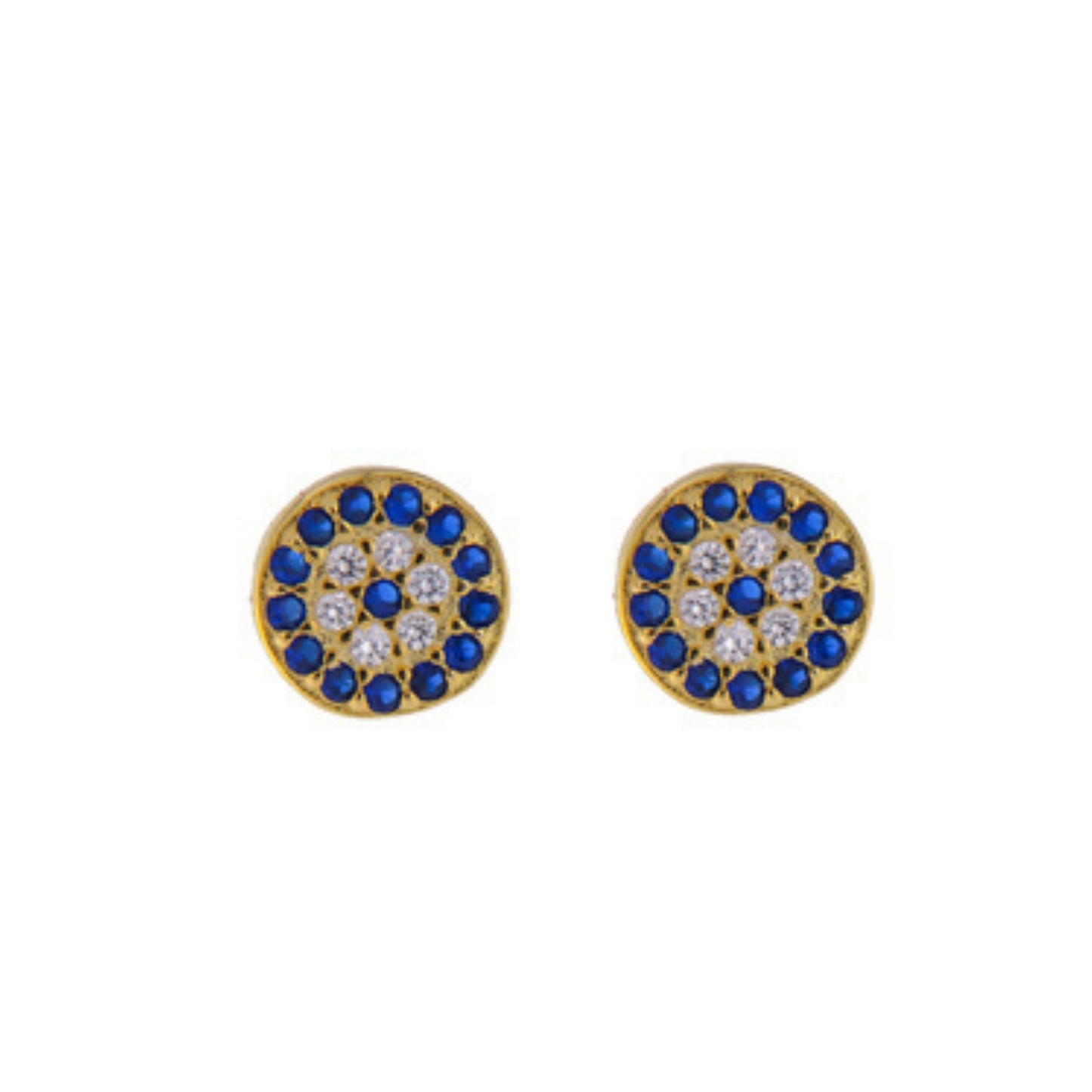 Circle pressure earrings in silver and gold plated silver, decorated with small white and blue zircons