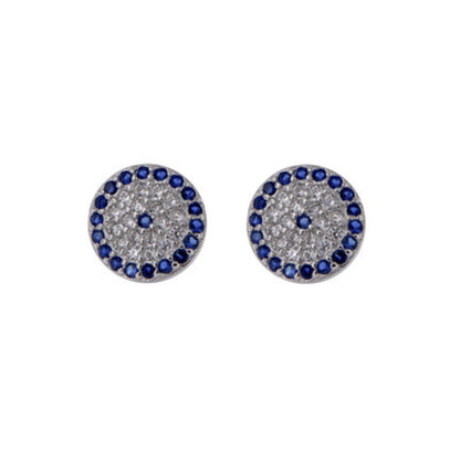 Large Circle Stud Earrings in silver and gold plated silver, adorned with small white and blue zircons