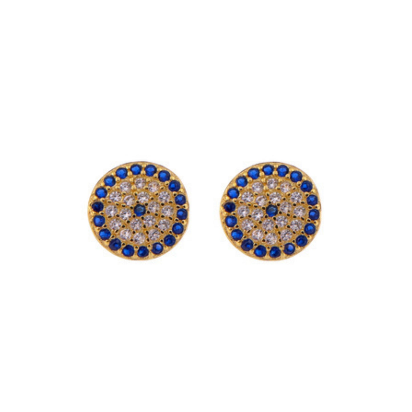 Large Circle Stud Earrings in silver and gold plated silver, adorned with small white and blue zircons