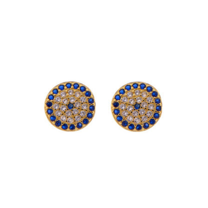 Large Circle Stud Earrings in silver and gold plated silver, adorned with small white and blue zircons