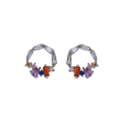 Pressure earrings in silver and gold-plated pin, decorated with small purple, red and blue zircons