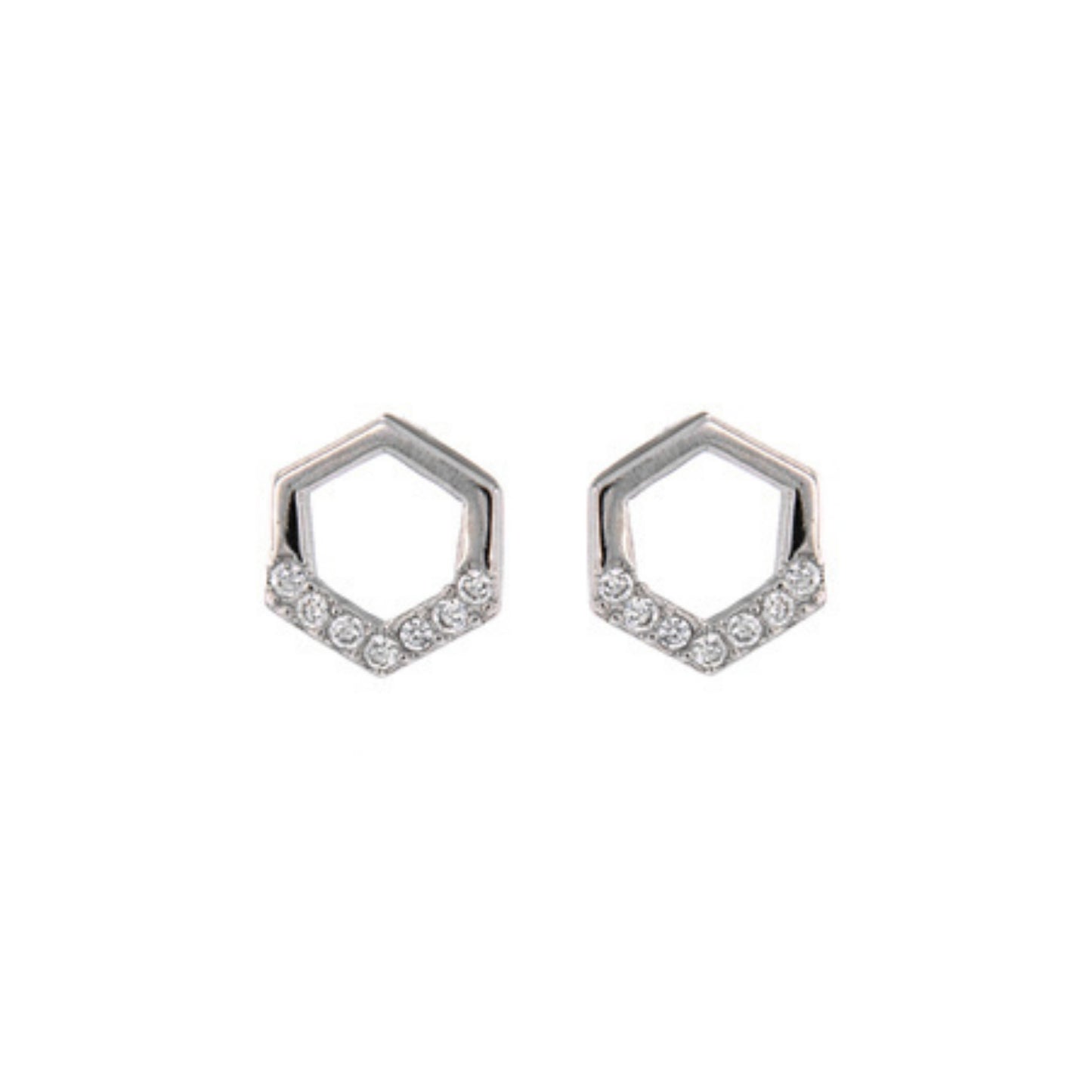 Pentagon pressure earrings in silver, decorated with small white zircons