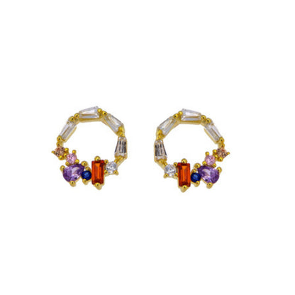 Pressure earrings in silver and gold-plated pin, decorated with small purple, red and blue zircons