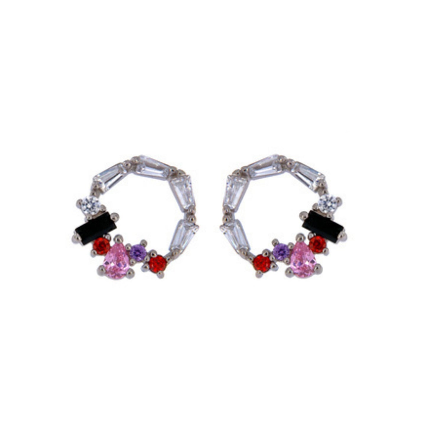 Pressure earrings in silver and gold-plated pin, adorned with pink, red and black zircons