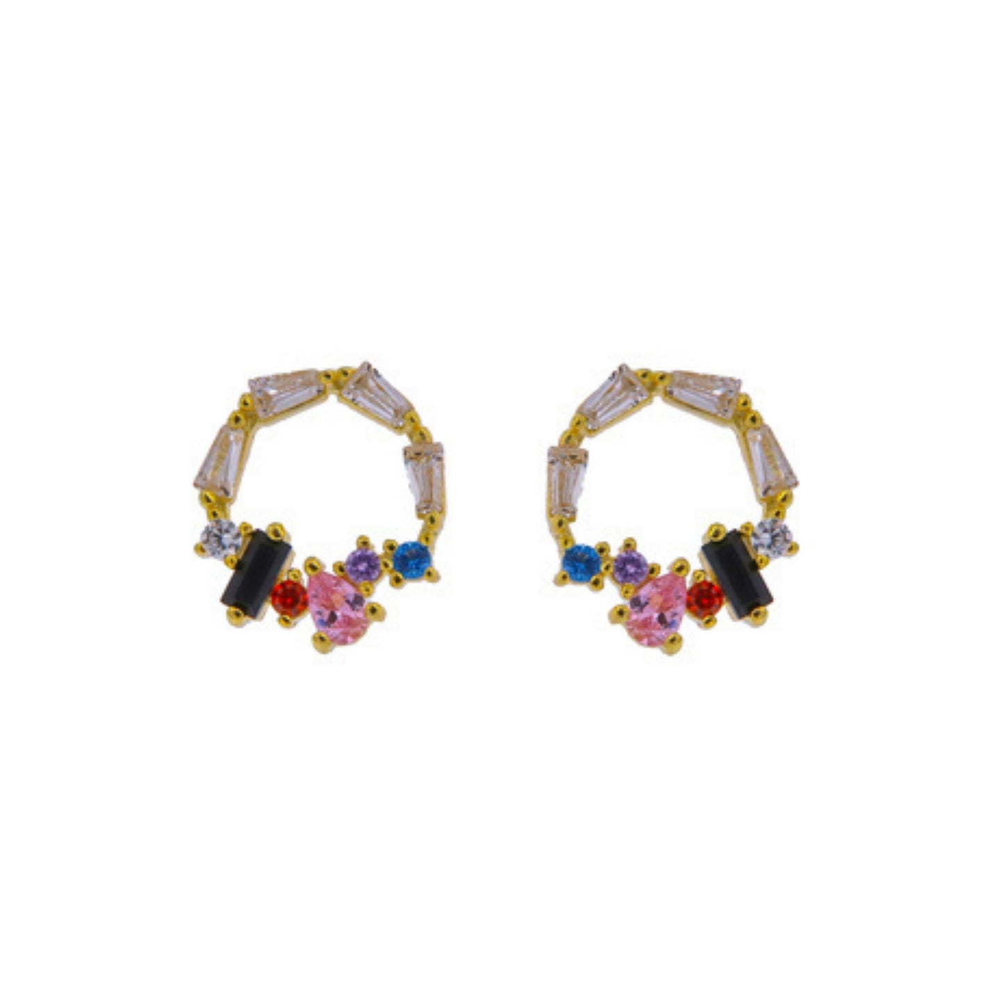 Pressure earrings in silver and gold-plated pin, adorned with pink, red and black zircons