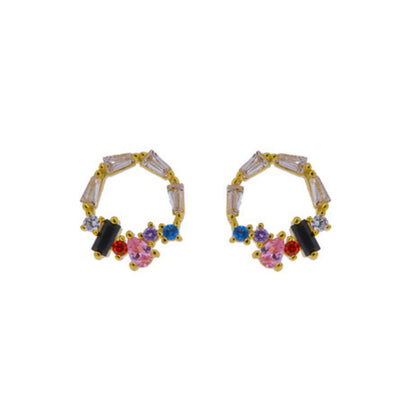 Pressure earrings in silver and gold-plated pin, adorned with pink, red and black zircons