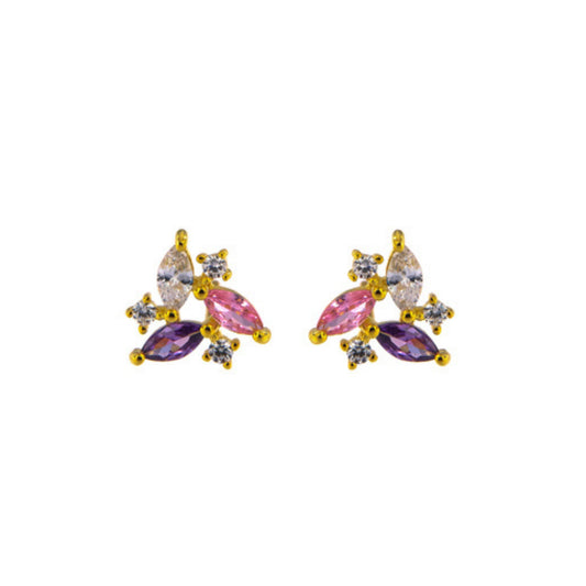 Pressure earrings in silver and gold plated silver, decorated with pink and lilac zircons