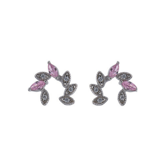 Leaf-shaped colored pressure earrings in silver, decorated with white, lilac and pink zircons