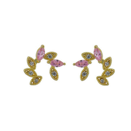 Colourful leaf-shaped pressure earrings in gold-plated silver, decorated with white, lilac and pink zircons