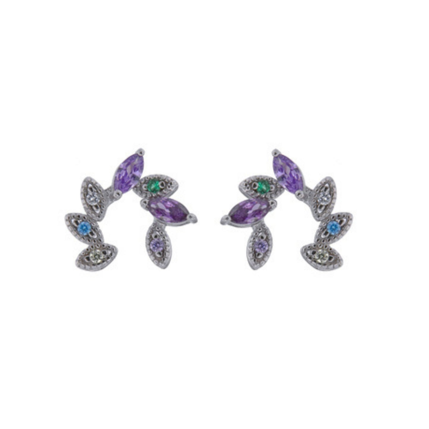 Leaf-shaped colored pressure earrings in silver, decorated with white, lilac and pink zircons