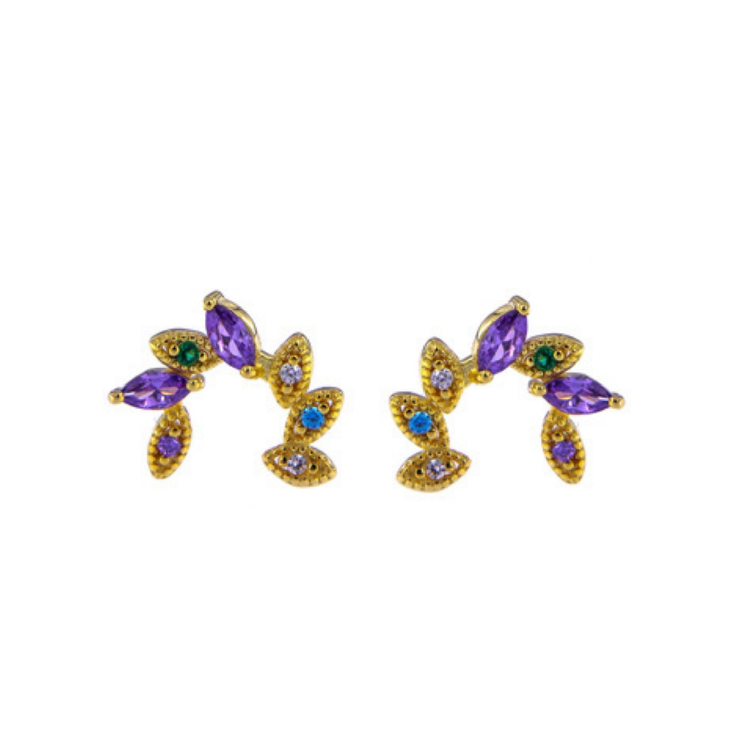 Colourful leaf-shaped pressure earrings in gold-plated silver, decorated with white, lilac and pink zircons