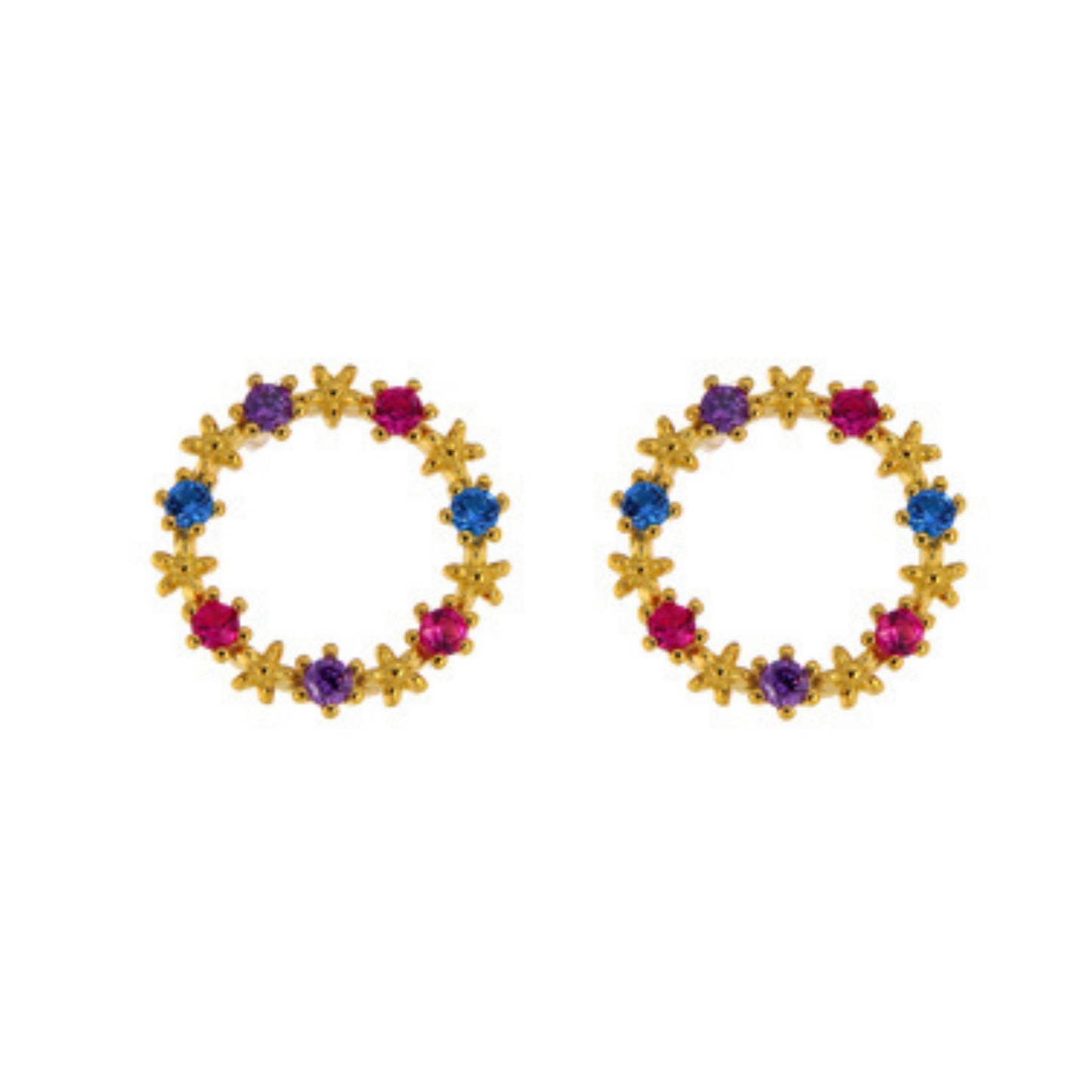 Circle pressure earrings in silver and gold plated silver, decorated with small colored zircons