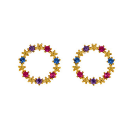 Circle pressure earrings in silver and gold plated silver, decorated with small colored zircons