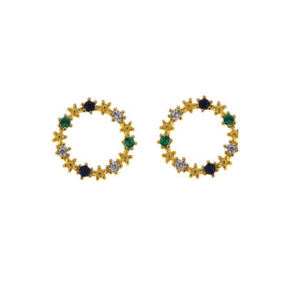 Circle pressure earrings in silver and gold plated silver, decorated with small colored zircons