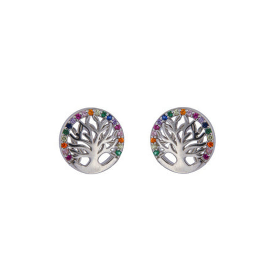 Tree of Life Stud Earrings in silver, adorned with small colored zircons