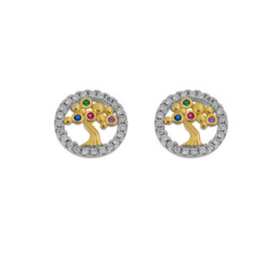 Tree of Life Stud Earrings in gold plated silver, adorned with small colored zircons