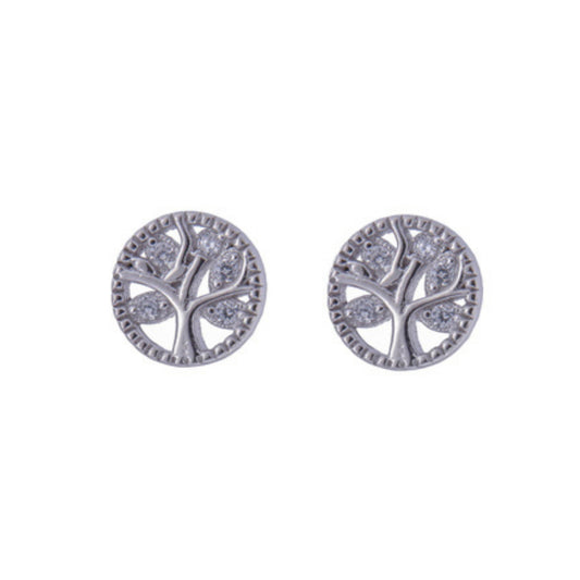 Tree of Life Stud Earrings in Silver Adorned with Small Colored and White Zirconia