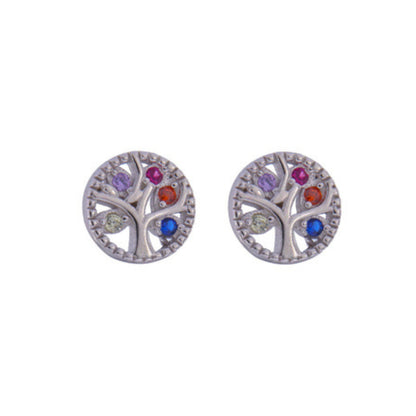 Tree of Life Stud Earrings in Silver Adorned with Small Colored and White Zirconia