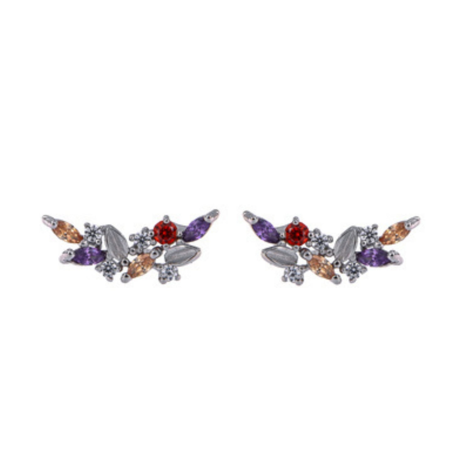 Pressure earrings in silver and gold-plated silver, decorated with small purple, red and orange zircons