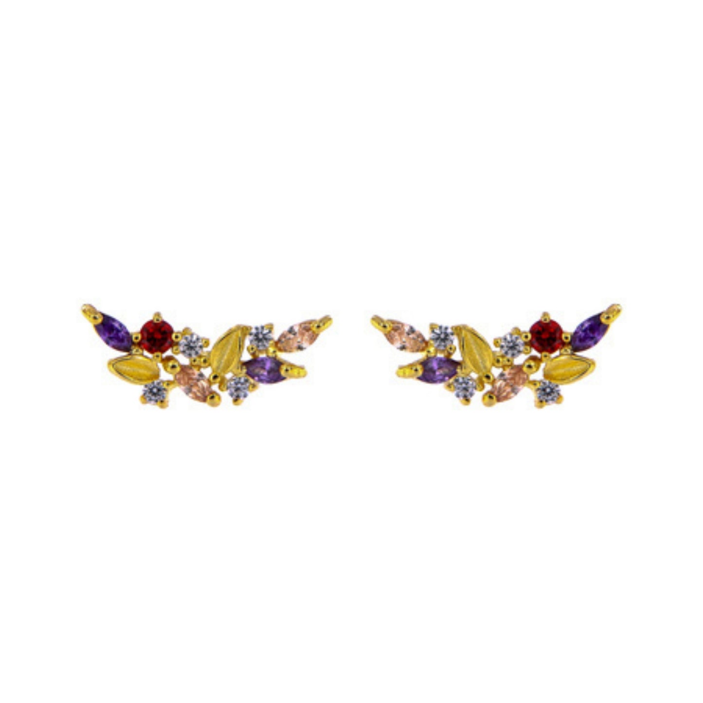 Pressure earrings in silver and gold-plated silver, decorated with small purple, red and orange zircons