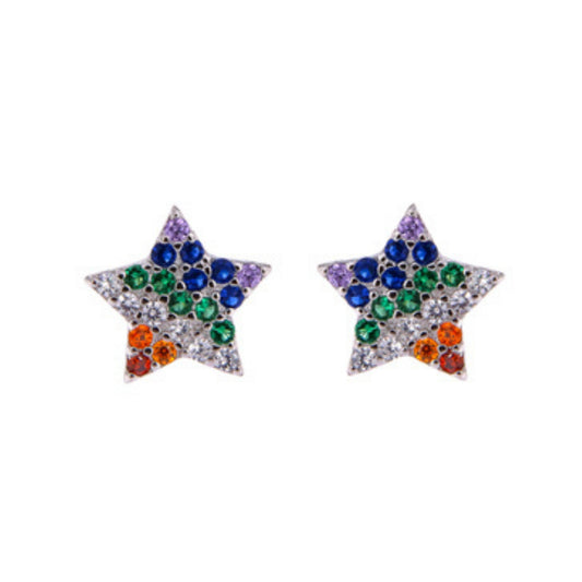 Star pressure earrings in silver and gold-plated silver, decorated with colored zircons