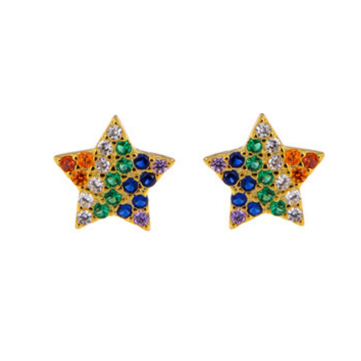 Star pressure earrings in silver and gold-plated silver, decorated with colored zircons