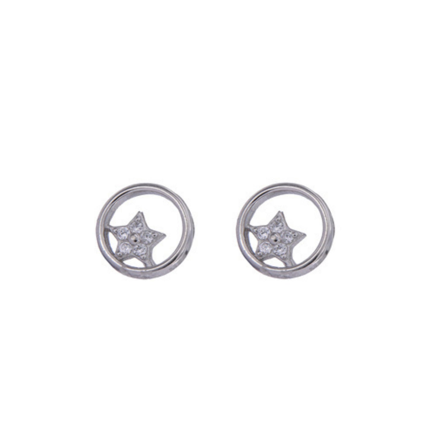 Star pressure earrings with a circle in silver, decorated with small white zircons