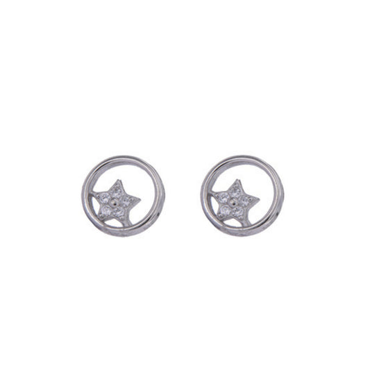 Star pressure earrings with a circle in silver, decorated with small white zircons