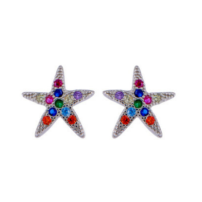 Colourful starfish stud earrings in silver and gold plated silver, decorated with white and coloured zircons