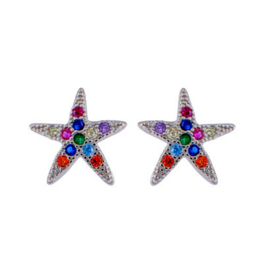 Colourful starfish stud earrings in silver and gold plated silver, decorated with white and coloured zircons