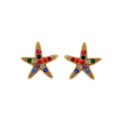 Colourful starfish stud earrings in silver and gold plated silver, decorated with white and coloured zircons