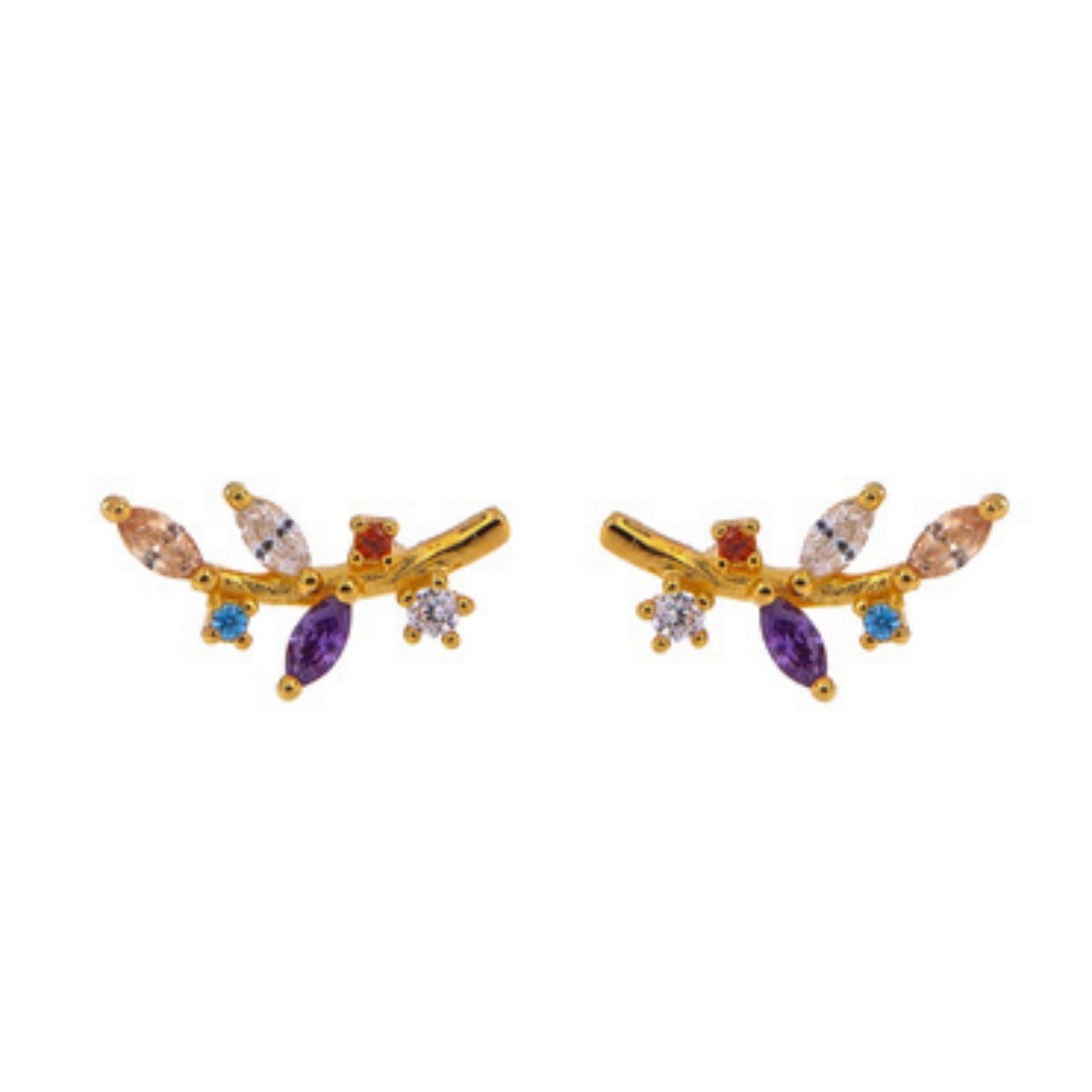 Leaf-shaped pressure earrings in silver and gold-plated silver, decorated with white and colored zircons